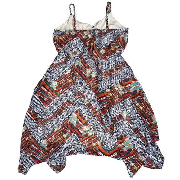 As You Wish size large colorful mini dress, tie at neck, asymmetrical hem, EUC - Picture 7 of 13